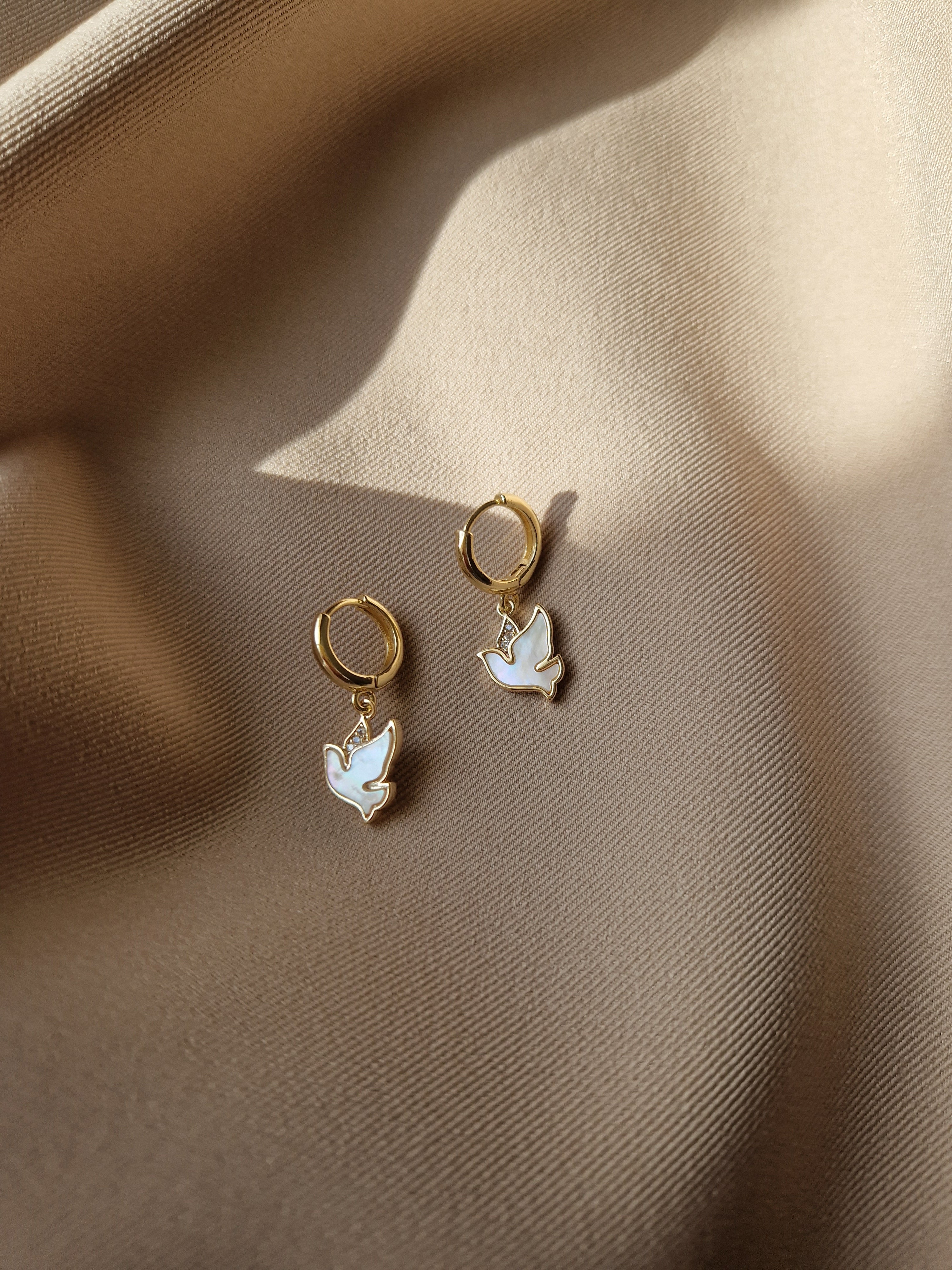 Mother of Pearl dove dangle gold plated hoop earrings, delicate handmade jewelry gift for her
