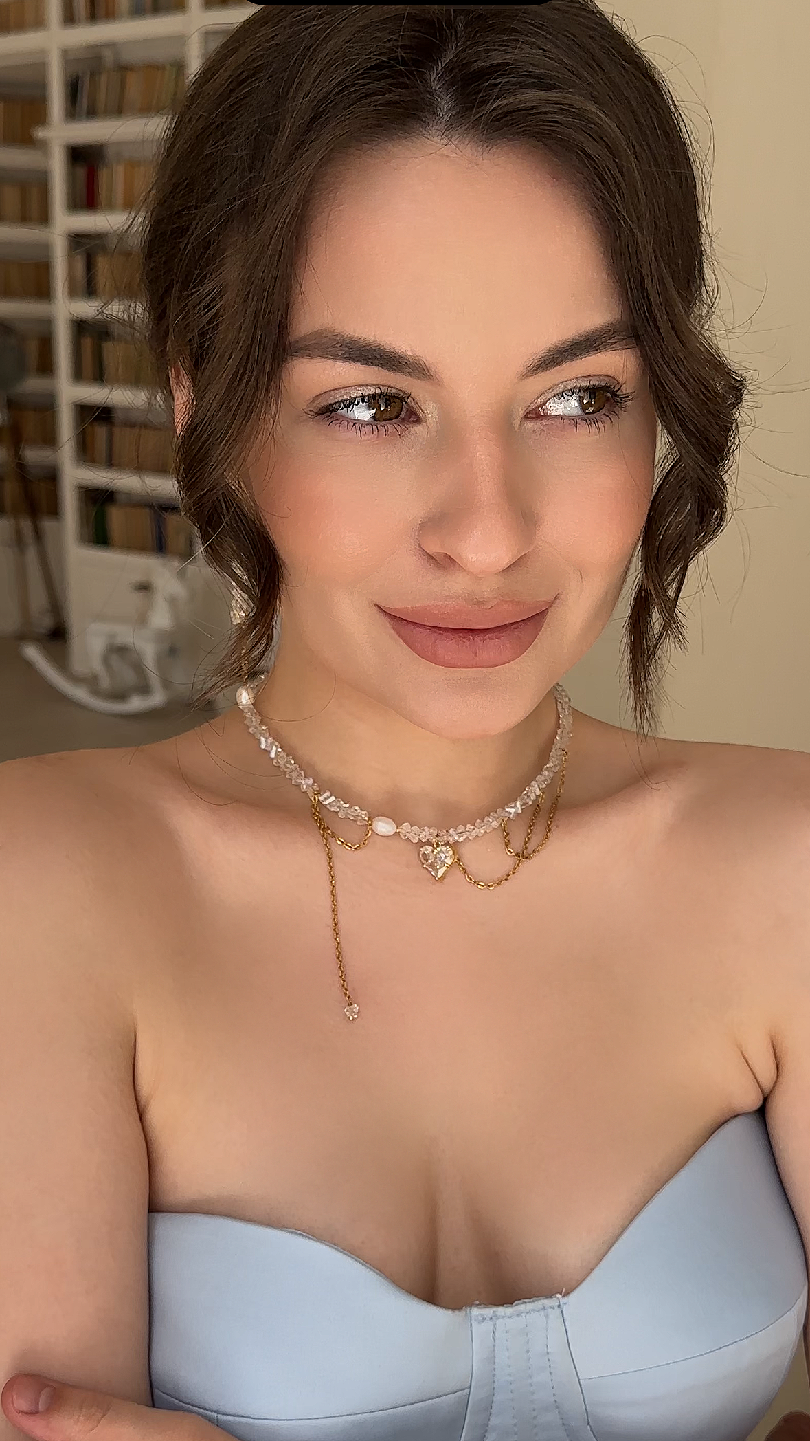 Delicate crystal bead necklace with heart pendant and matching earrings, gold-plated stainless steel hardware, elegant jewelry set by Lamari