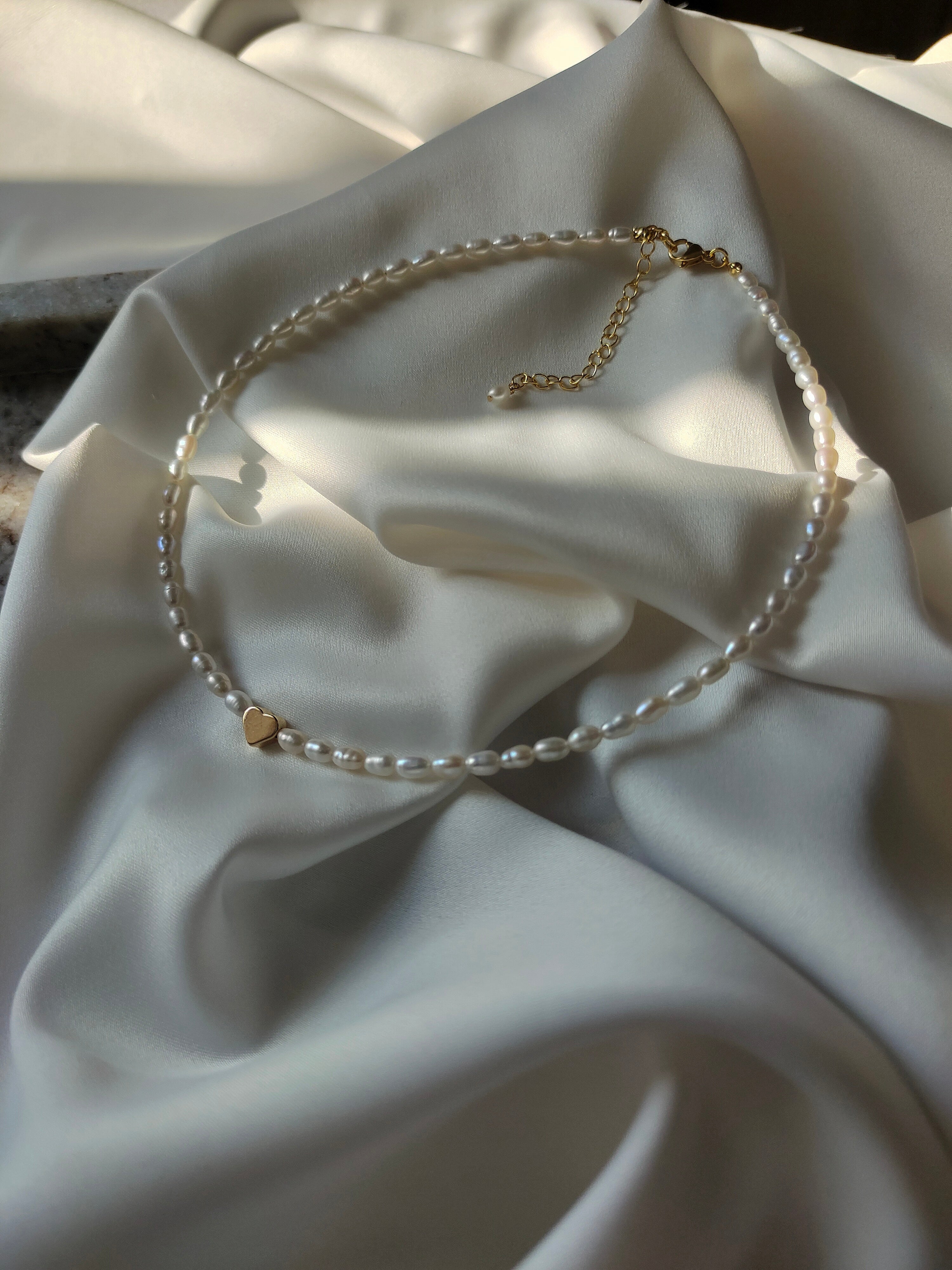 Freshwater pearl choker necklace with heart charm, delicate handmade bridal or bridesmaid jewelry gift for her