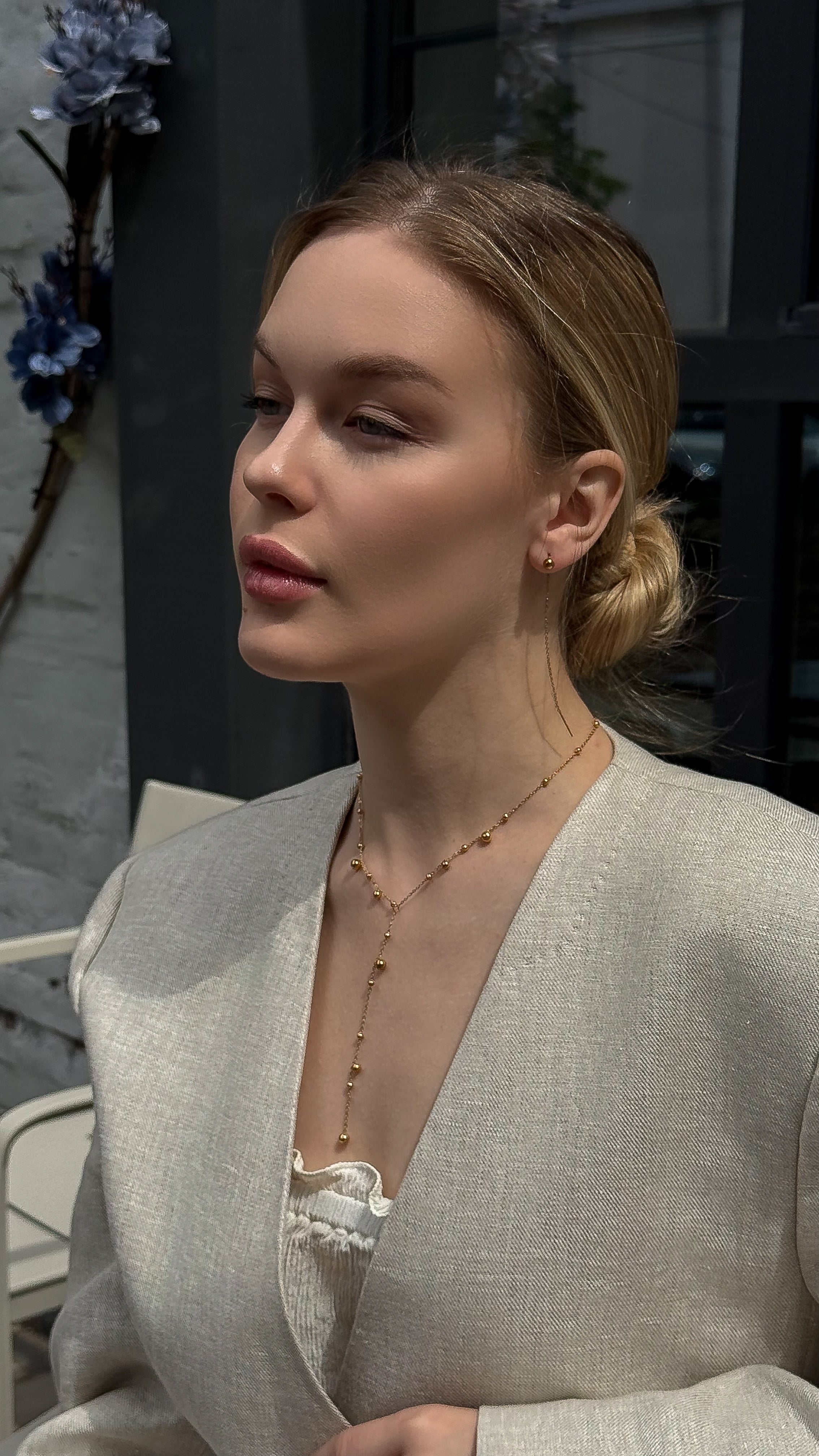 Lariat necklace with stainless steel beads — elegant and versatile design that adds a modern, minimalist touch to any outfit, perfect for layering or wearing solo.