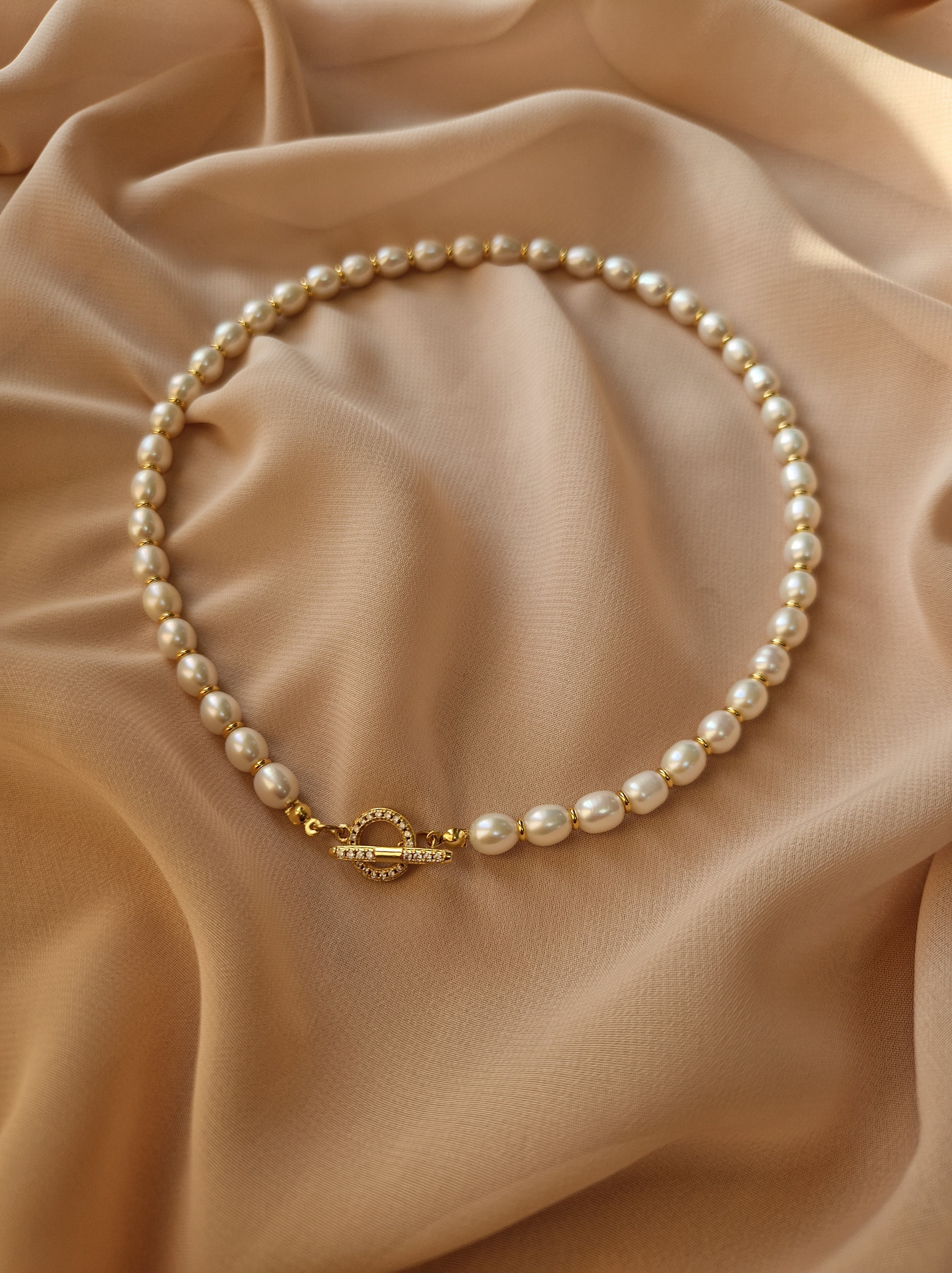Freshwater pearl necklace with toggle clasp and cubic zirconia lock, elegant handmade bridal choker gift for her