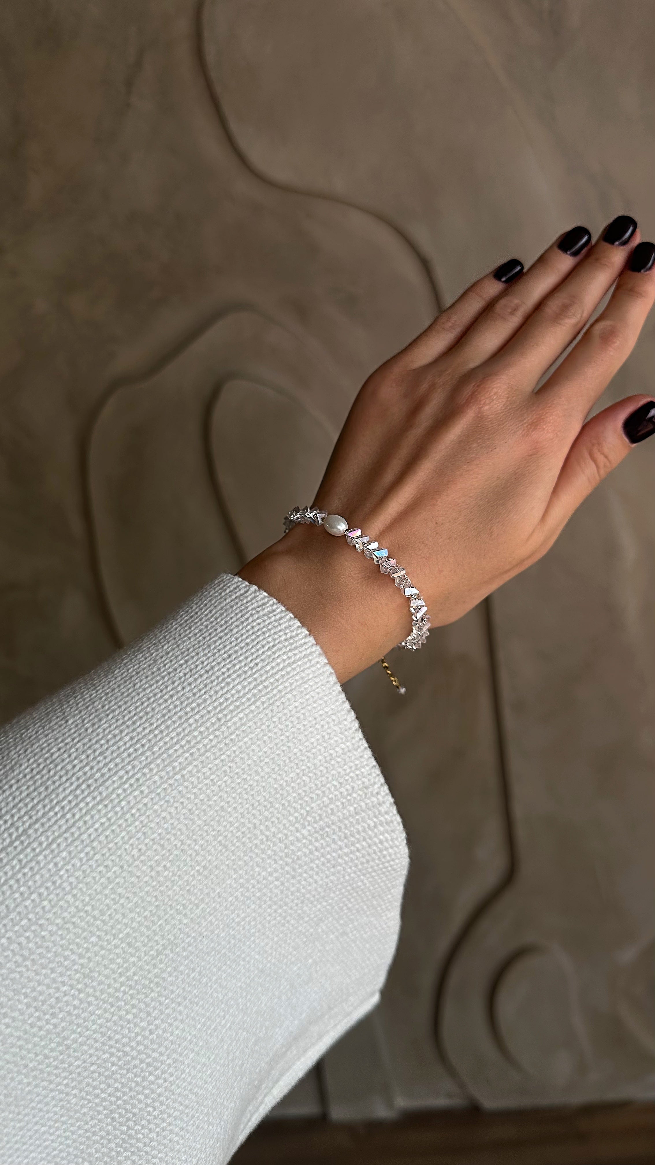 Delicate clear crystal and natural freshwater pearl bracelet with stainless steel hardware – handmade jewelry by Lamari