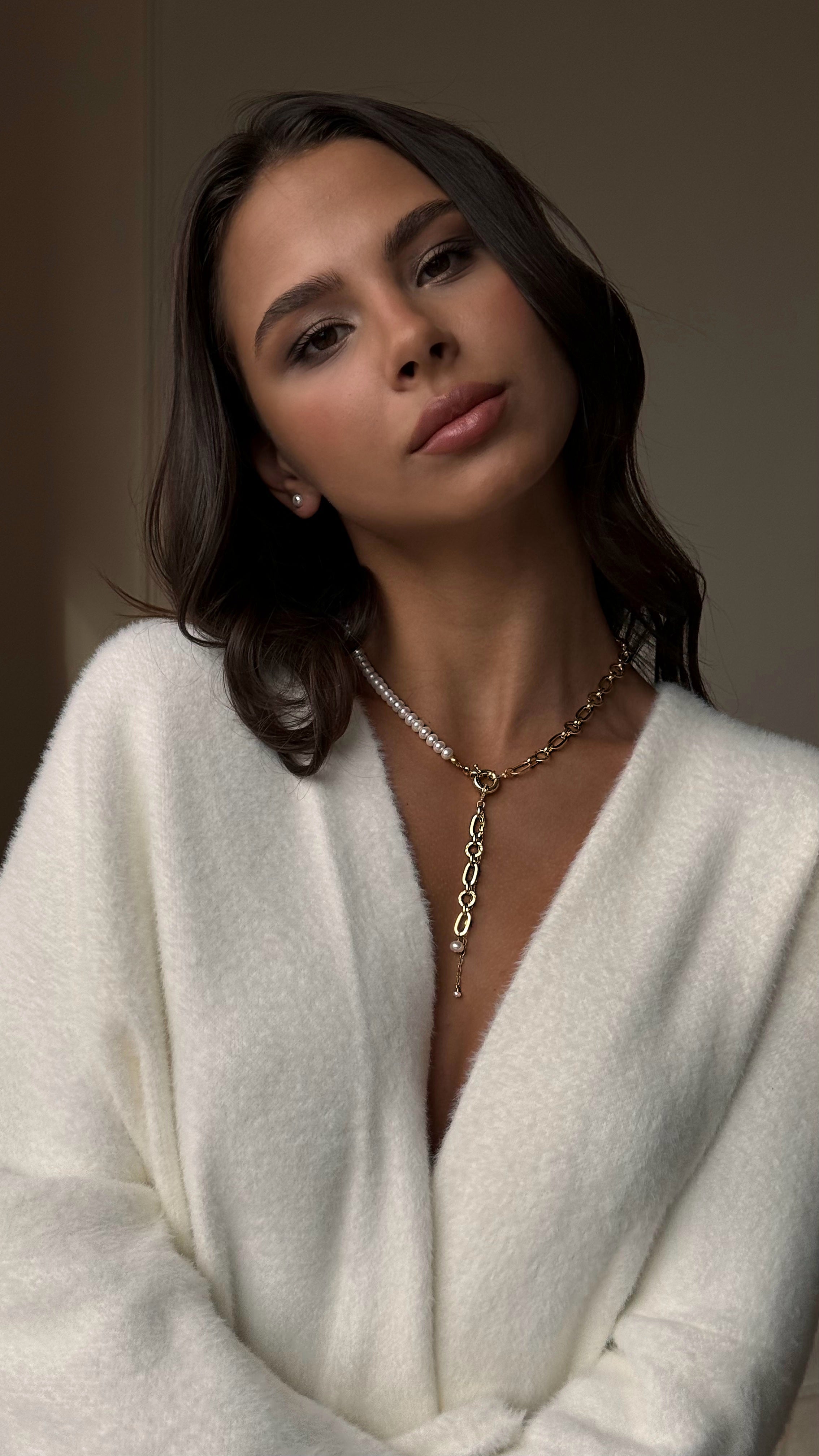 Long Y-shaped necklace with natural freshwater pearls and 18K gold plated chain, elegant handmade jewelry gift for her