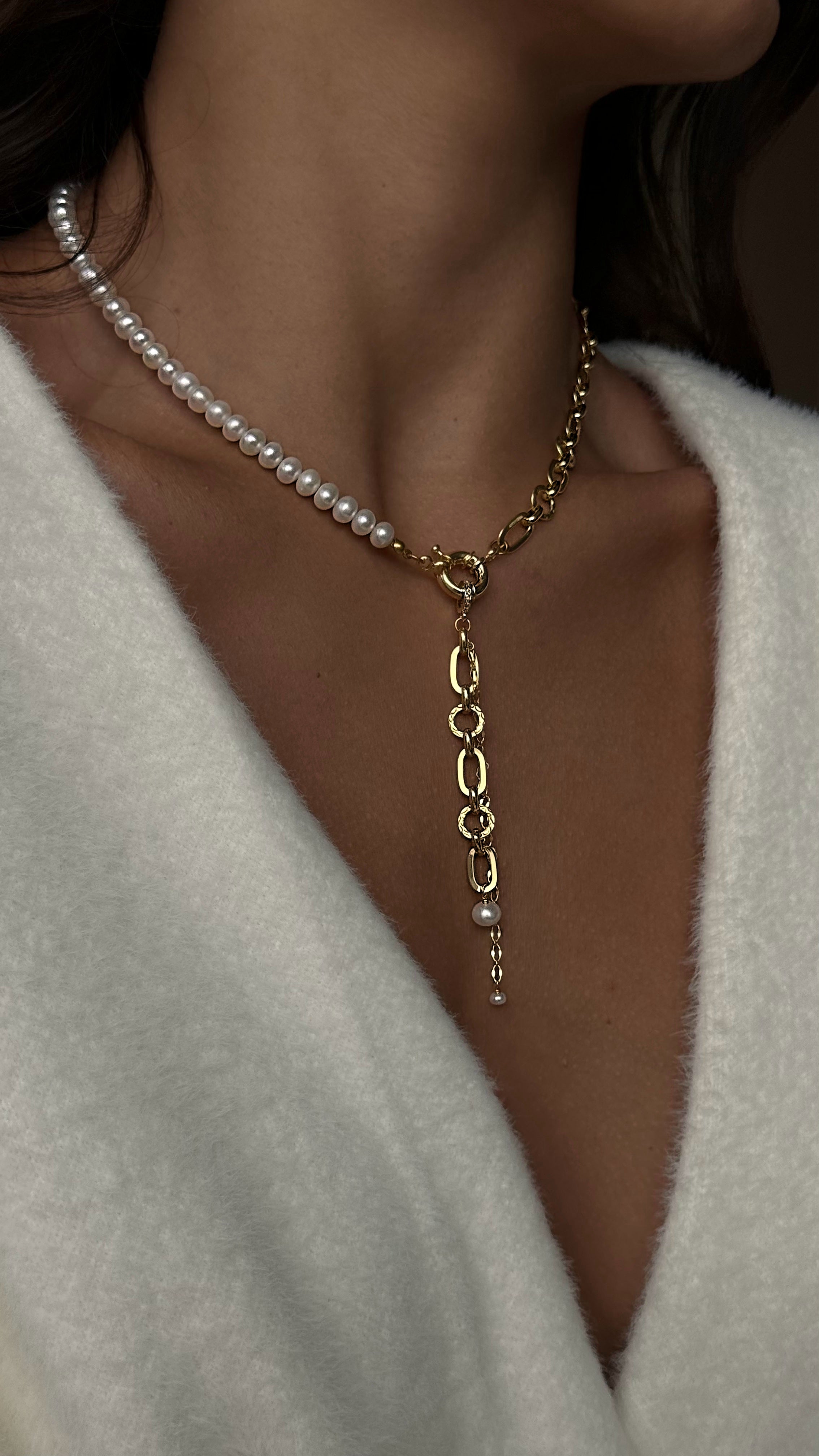 Long Y-shaped necklace with natural freshwater pearls and 18K gold plated chain, elegant handmade jewelry gift for her
