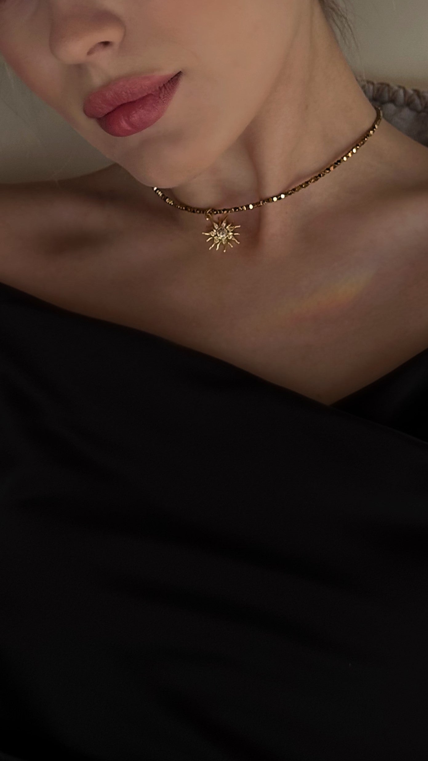 Gold plated sun pendant choker with 2mm hematite gemstones and cubic zirconia, celestial handmade jewelry gift for her