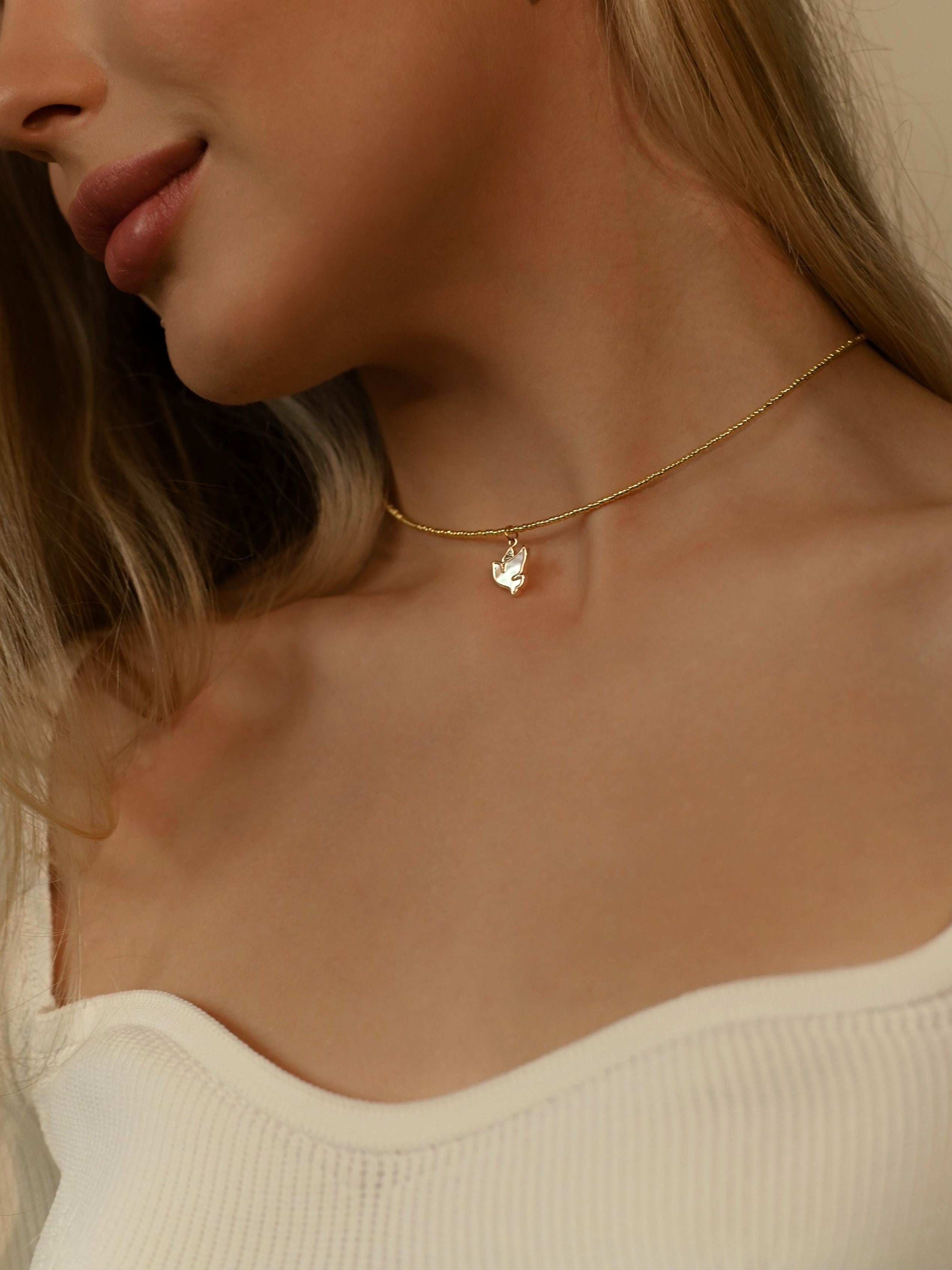 Dainty bird pendant choker with seed beads and mother of pearl charm, 18K gold plated handmade necklace gift for her