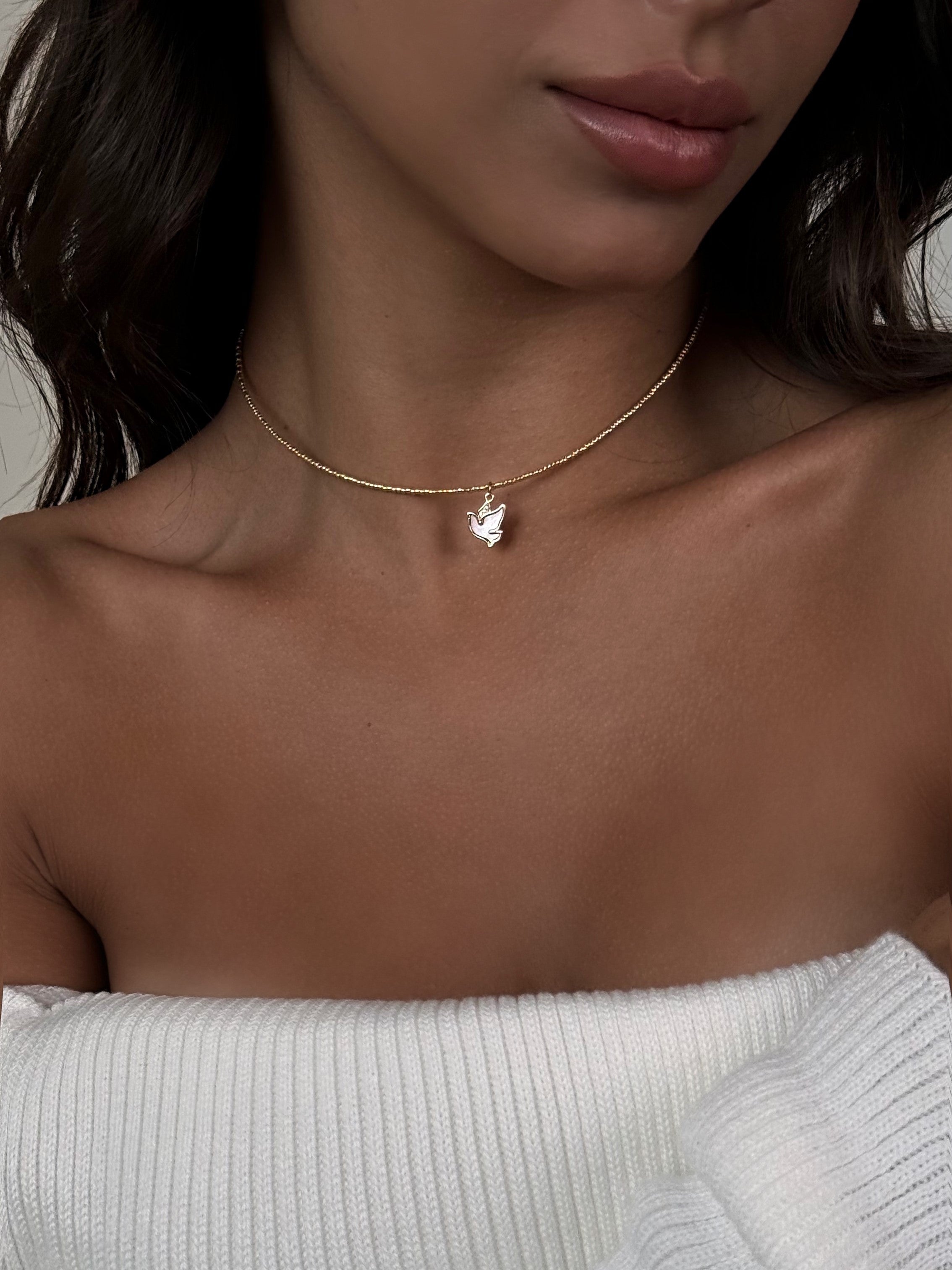 Close-up of a person wearing a gold-tone beaded choker with a pendant.
