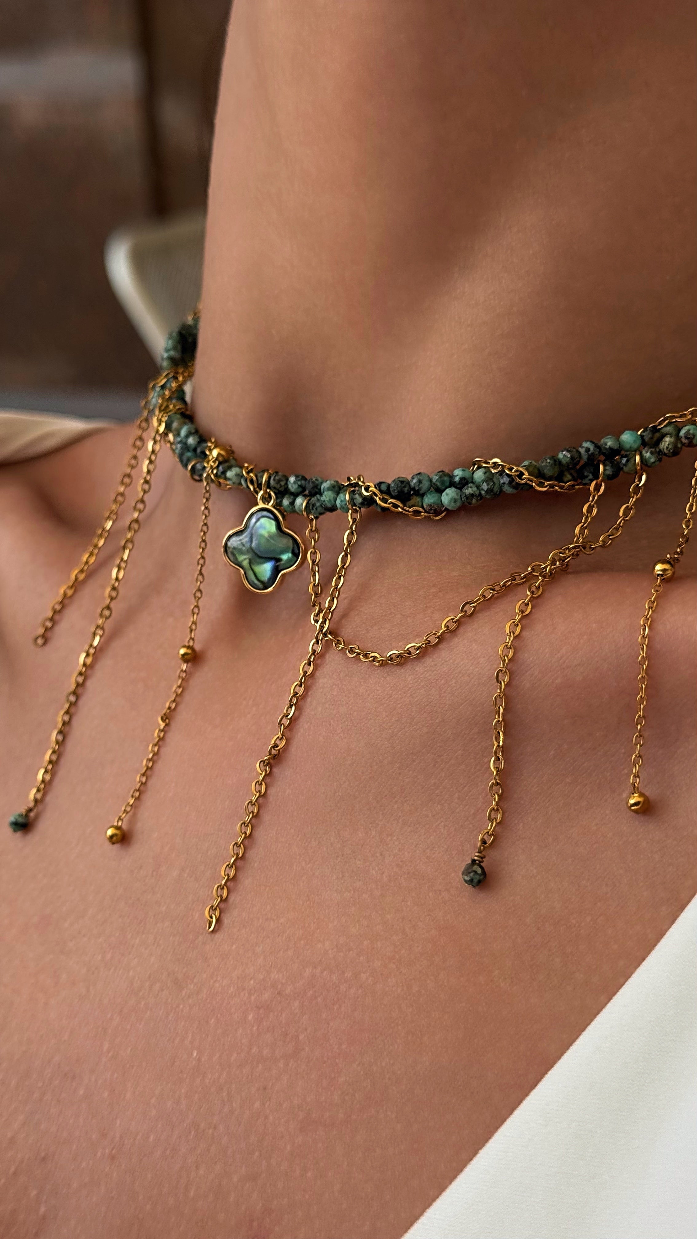 Necklace with green beads and gold chain on a person's neck